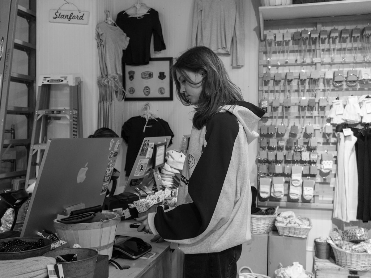 A small retail shop, seen from behind the counter.